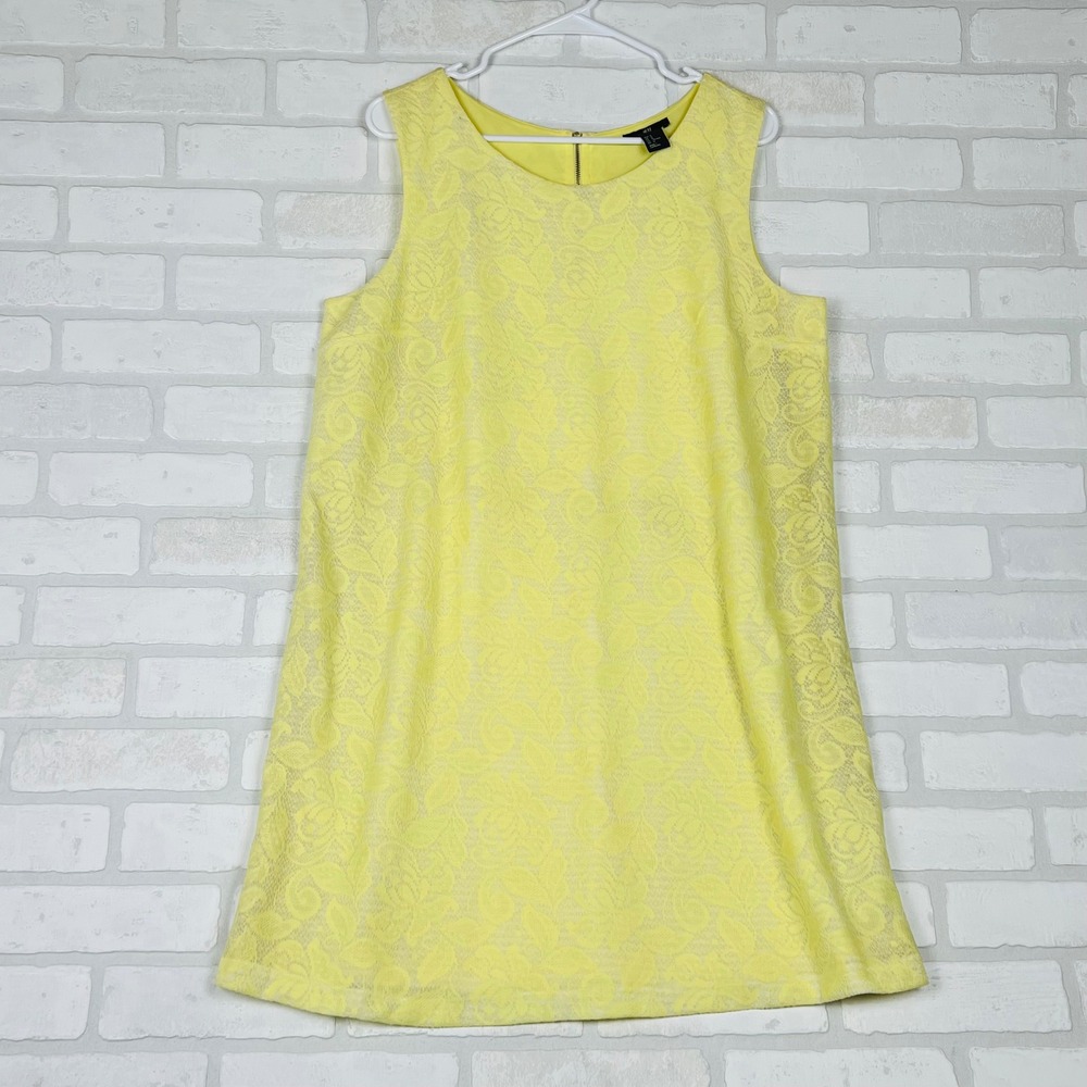 HM Yellow Floral Lace Sleeveless Shift Dress Round Neck Size M